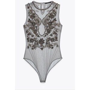 Zara Women Bodysuit Small S Gray Beaded Floral Embellished sheer 7521/200 NWOT
